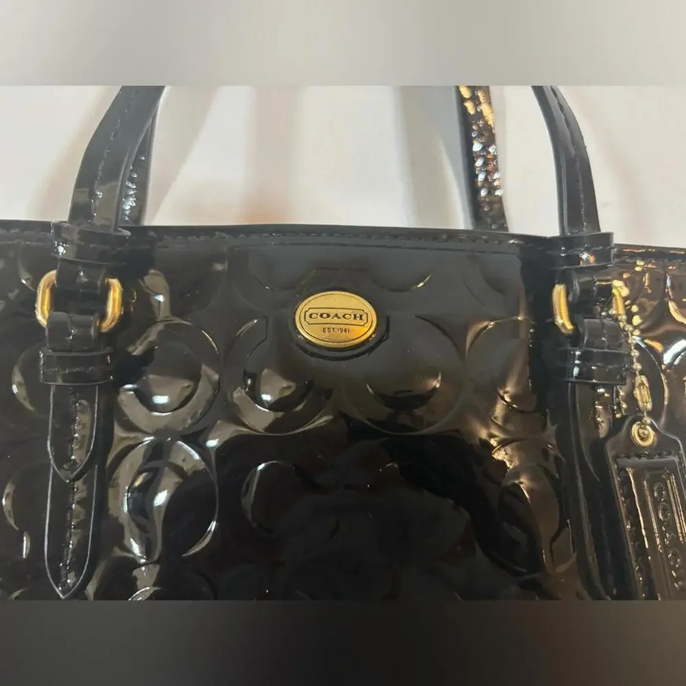 Coach Black Patent Leather Embossed Signature Tote Bag 13x9” Gold Hardware
